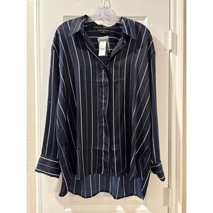 Lane Bryant Navy White Stripe Button Down Shirt Blouse Top 14 16 Plus Size